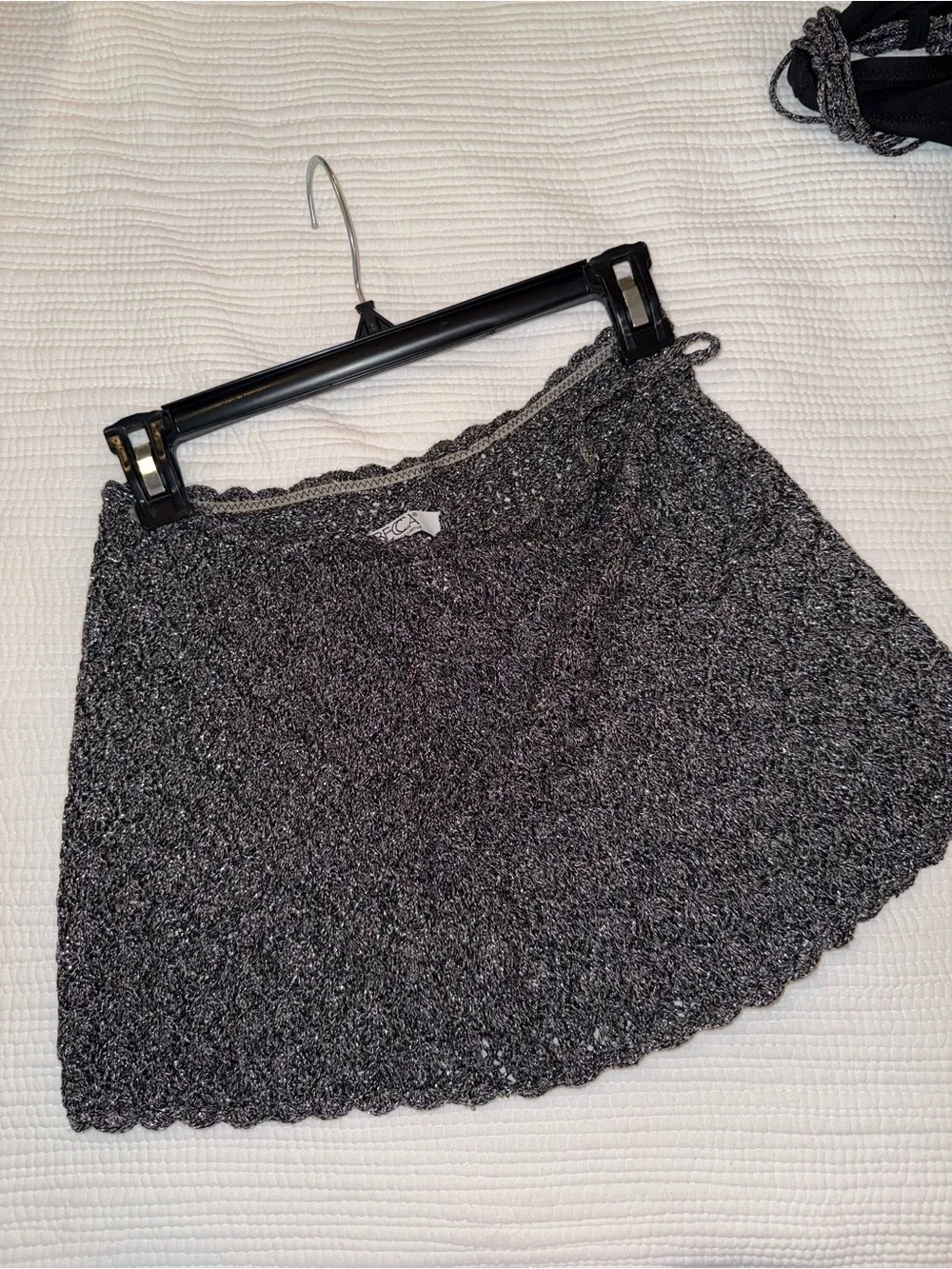 BECCA Metallic Gray Crochet Bikini Top and Black Bottom Set With Swim Skirt